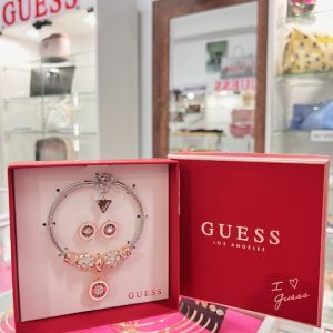 ID-1017 CAJA PULSERA  + AROS GUESS COLOR  PLATEADO ROSE GOLD